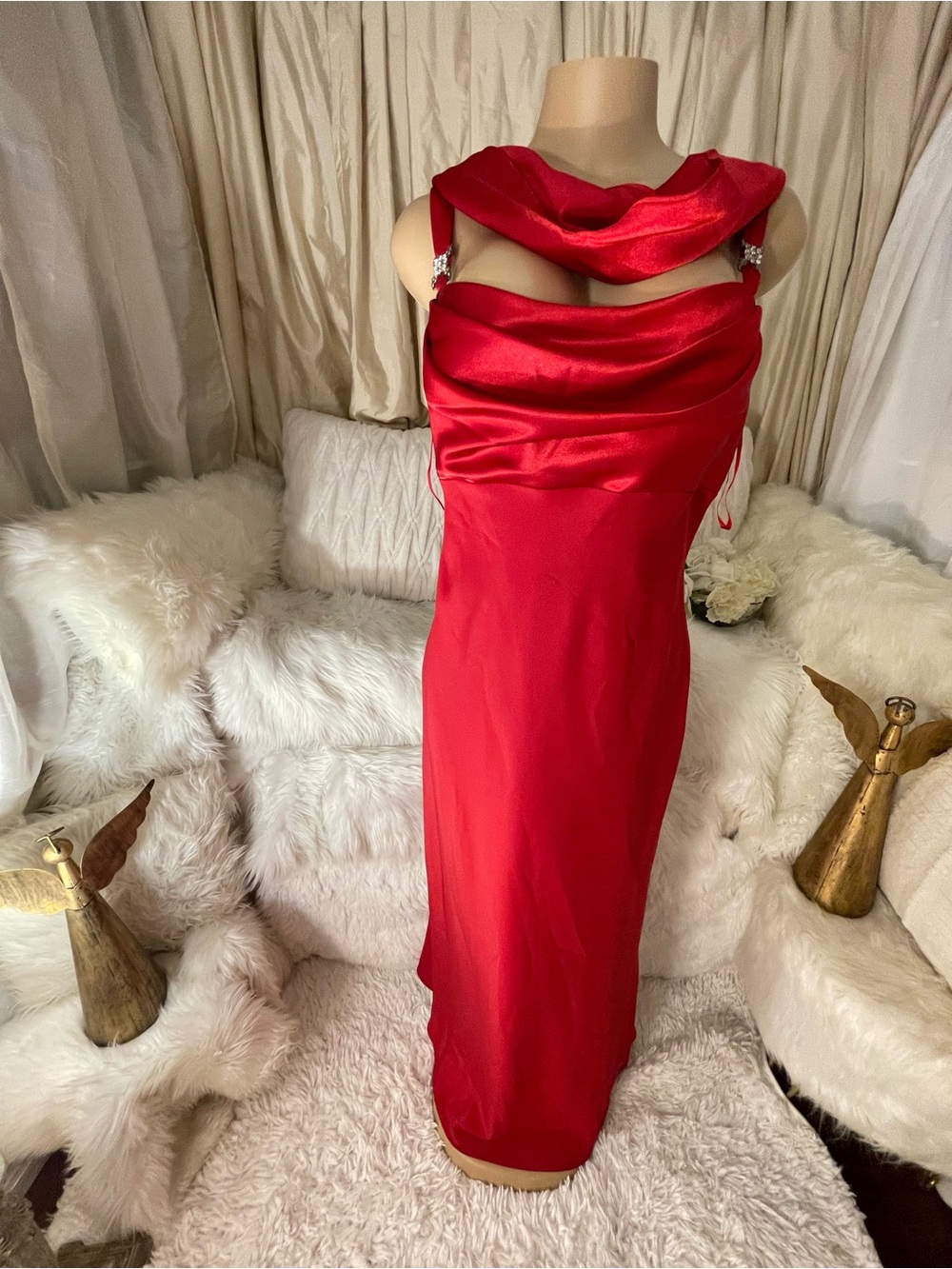 Aspeed Red Satin Cowl Neck Maxi Dress with Jeweled Straps